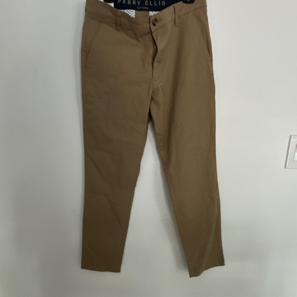 Perry Ellis Cotton Slim Fit Brown Casual Pants Men's Size 32/30 Button Pockets